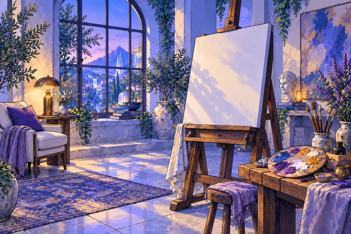 An empty atelier with a canvas ready for a new creation